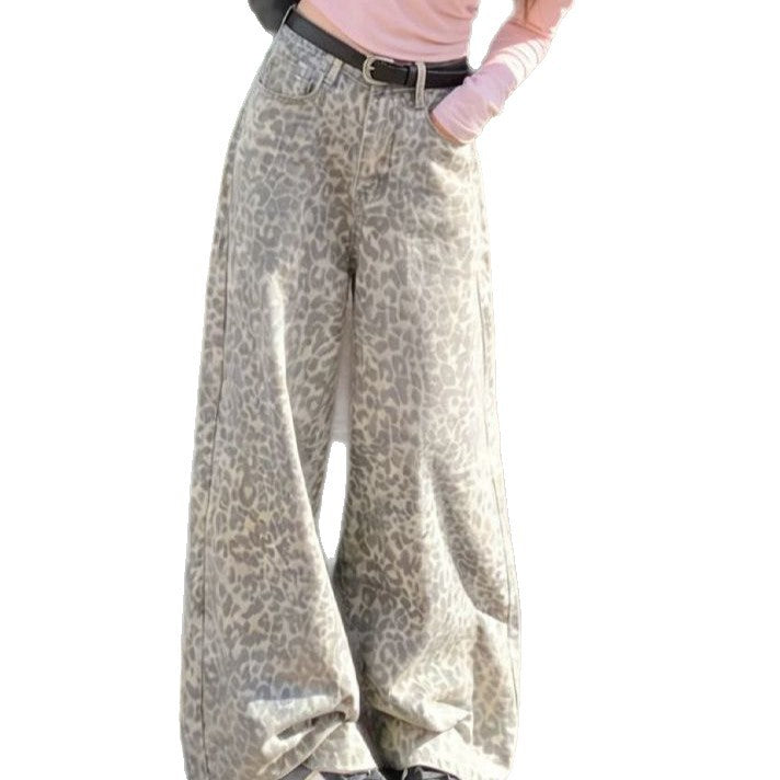 Milk Coffee Leopard Print High Waist Wide Leg Denim Jeans