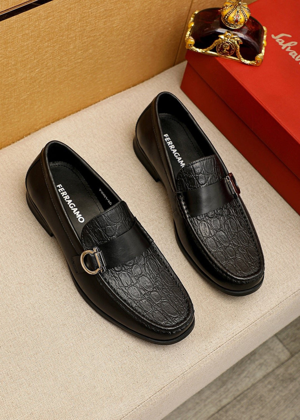 Ferragamo Embossed Buckle Loafers