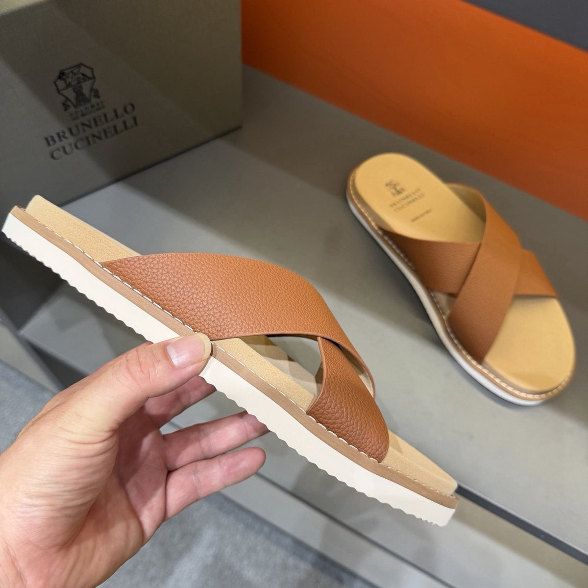 Brunello Cucinelli Men's Cross-Strap Slide Sandals - Cross-Over Strap Design